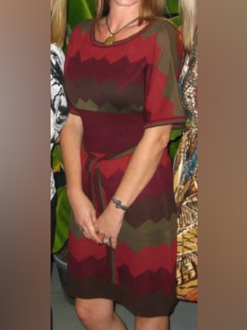 Dressbarn Plum and Olive Chevron Midi Dress with Tie Waist